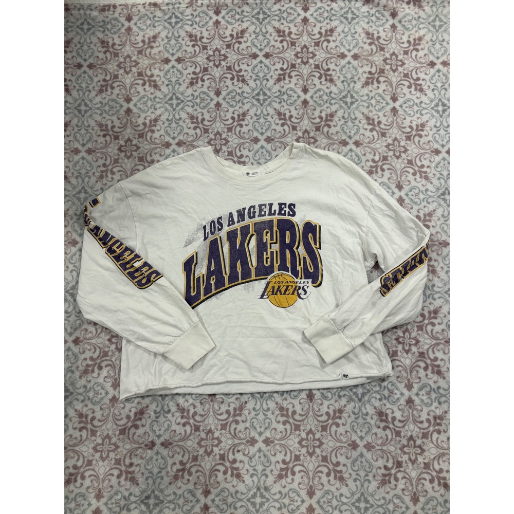 47 Brand Los Angeles Lakers Long Sleeve Cropped T-Shirt White Womens Large